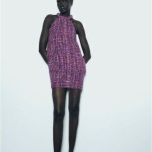 NEW ZARA WOMAN SHORT TEXTURED HALTER PINAFORE DRESS FRAYED